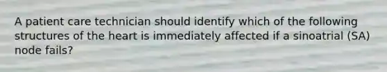 A patient care technician should identify which of the following structures of the heart is immediately affected if a sinoatrial (SA) node fails?