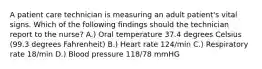 A patient care technician is measuring an adult patient's vital signs. Which of the following findings should the technician report to the nurse? A.) Oral temperature 37.4 degrees Celsius (99.3 degrees Fahrenheit) B.) Heart rate 124/min C.) Respiratory rate 18/min D.) Blood pressure 118/78 mmHG