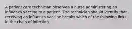 A patient care technician observes a nurse administering an influenza vaccine to a patient. The technician should identify that receiving an influenza vaccine breaks which of the following links in the chain of infection