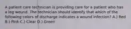 A patient care technician is providing care for a patient who has a leg wound. The technician should identify that which of the following colors of discharge indicates a wound infection? A.) Red B.) Pink C.) Clear D.) Green