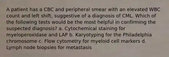 A patient has a CBC and peripheral smear with an elevated WBC count and left shift, suggestive of a diagnosis of CML. Which of the following tests would be the most helpful in confirming the suspected diagnosis? a. Cytochemical staining for myeloperoxidase and LAP b. Karyotyping for the Philadelphia chromosome c. Flow cytometry for myeloid cell markers d. Lymph node biopsies for metastasis