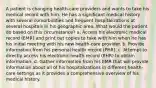 A patient is changing health-care providers and wants to take his medical record with him. He has a significant medical history with several comorbidities and frequent hospitalizations at several hospitals in his geographic area. What would the patient do based on this circumstance? a. Access his electronic medical record (EMR) and print out copies to take with him when he has his initial meeting with his new health-care provider. b. Provide information from his personal health record (PHR). c. Attempt to directly access his electronic health record (EHR) to obtain information. d. Gather information from his EMR that will provide information about all of his hospitalizations in different health-care settings as it provides a comprehensive overview of his medical history.