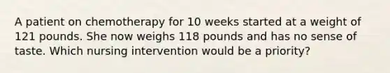 A patient on chemotherapy for 10 weeks started at a weight of 121 pounds. She now weighs 118 pounds and has no sense of taste. Which nursing intervention would be a priority?