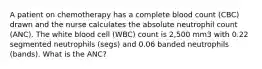 A patient on chemotherapy has a complete blood count (CBC) drawn and the nurse calculates the absolute neutrophil count (ANC). The white blood cell (WBC) count is 2,500 mm3 with 0.22 segmented neutrophils (segs) and 0.06 banded neutrophils (bands). What is the ANC?