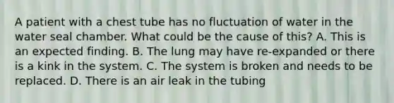 A patient with a chest tube has no fluctuation of water in the water seal chamber. What could be the cause of this? A. This is an expected finding. B. The lung may have re-expanded or there is a kink in the system. C. The system is broken and needs to be replaced. D. There is an air leak in the tubing