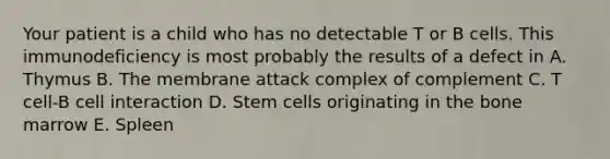 Your patient is a child who has no detectable T or B cells. This immunodeficiency is most probably the results of a defect in A. Thymus B. The membrane attack complex of complement C. T cell-B cell interaction D. Stem cells originating in the bone marrow E. Spleen