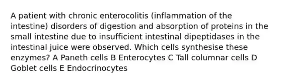 A patient with chronic enterocolitis (inflammation of the intestine) disorders of digestion and absorption of proteins in the small intestine due to insufficient intestinal dipeptidases in the intestinal juice were observed. Which cells synthesise these enzymes? A Paneth cells B Enterocytes C Tall columnar cells D Goblet cells E Endocrinocytes