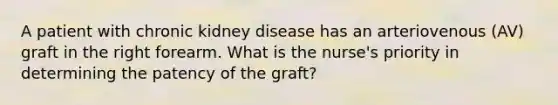 A patient with chronic kidney disease has an arteriovenous (AV) graft in the right forearm. What is the nurse's priority in determining the patency of the graft?