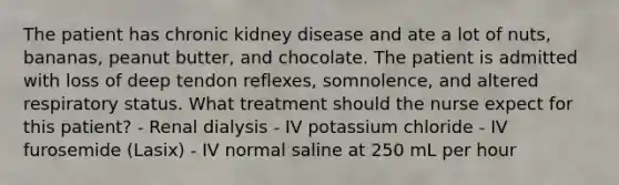 The patient has chronic kidney disease and ate a lot of nuts, bananas, peanut butter, and chocolate. The patient is admitted with loss of deep tendon reflexes, somnolence, and altered respiratory status. What treatment should the nurse expect for this patient? - Renal dialysis - IV potassium chloride - IV furosemide (Lasix) - IV normal saline at 250 mL per hour