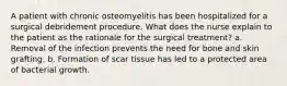 A patient with chronic osteomyelitis has been hospitalized for a surgical debridement procedure. What does the nurse explain to the patient as the rationale for the surgical treatment? a. Removal of the infection prevents the need for bone and skin grafting. b. Formation of scar tissue has led to a protected area of bacterial growth.