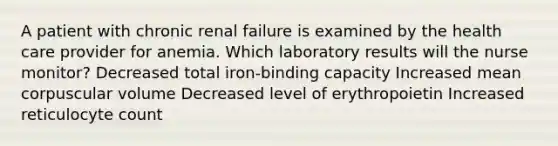 A patient with chronic renal failure is examined by the health care provider for anemia. Which laboratory results will the nurse monitor? Decreased total iron-binding capacity Increased mean corpuscular volume Decreased level of erythropoietin Increased reticulocyte count