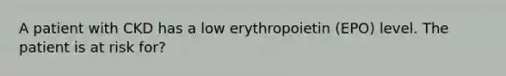 A patient with CKD has a low erythropoietin (EPO) level. The patient is at risk for?