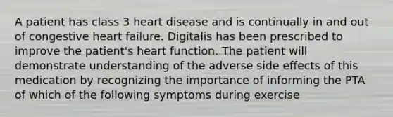 A patient has class 3 heart disease and is continually in and out of congestive heart failure. Digitalis has been prescribed to improve the patient's heart function. The patient will demonstrate understanding of the adverse side effects of this medication by recognizing the importance of informing the PTA of which of the following symptoms during exercise