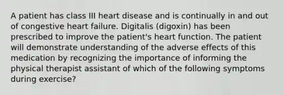 A patient has class III heart disease and is continually in and out of congestive heart failure. Digitalis (digoxin) has been prescribed to improve the patient's heart function. The patient will demonstrate understanding of the adverse effects of this medication by recognizing the importance of informing the physical therapist assistant of which of the following symptoms during exercise?