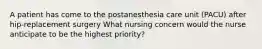 A patient has come to the postanesthesia care unit (PACU) after hip-replacement surgery What nursing concern would the nurse anticipate to be the highest priority?