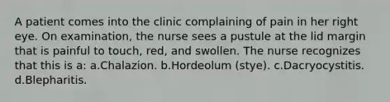 A patient comes into the clinic complaining of pain in her right eye. On examination, the nurse sees a pustule at the lid margin that is painful to touch, red, and swollen. The nurse recognizes that this is a: a.Chalazion. b.Hordeolum (stye). c.Dacryocystitis. d.Blepharitis.