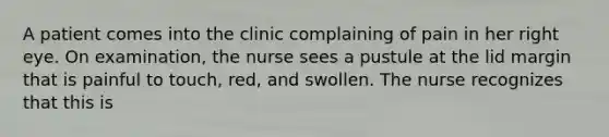 A patient comes into the clinic complaining of pain in her right eye. On examination, the nurse sees a pustule at the lid margin that is painful to touch, red, and swollen. The nurse recognizes that this is