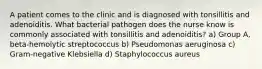 A patient comes to the clinic and is diagnosed with tonsillitis and adenoiditis. What bacterial pathogen does the nurse know is commonly associated with tonsillitis and adenoiditis? a) Group A, beta-hemolytic streptococcus b) Pseudomonas aeruginosa c) Gram-negative Klebsiella d) Staphylococcus aureus