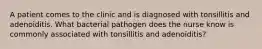 A patient comes to the clinic and is diagnosed with tonsillitis and adenoiditis. What bacterial pathogen does the nurse know is commonly associated with tonsillitis and adenoiditis?