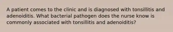 A patient comes to the clinic and is diagnosed with tonsillitis and adenoiditis. What bacterial pathogen does the nurse know is commonly associated with tonsillitis and adenoiditis?