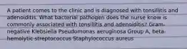 A patient comes to the clinic and is diagnosed with tonsillitis and adenoiditis. What bacterial pathogen does the nurse know is commonly associated with tonsillitis and adenoiditis? Gram-negative Klebsiella Pseudomonas aeruginosa Group A, beta-hemolytic streptococcus Staphylococcus aureus