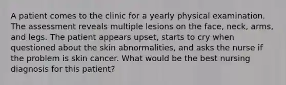 A patient comes to the clinic for a yearly physical examination. The assessment reveals multiple lesions on the face, neck, arms, and legs. The patient appears upset, starts to cry when questioned about the skin abnormalities, and asks the nurse if the problem is skin cancer. What would be the best nursing diagnosis for this patient?