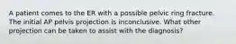 A patient comes to the ER with a possible pelvic ring fracture. The initial AP pelvis projection is inconclusive. What other projection can be taken to assist with the diagnosis?