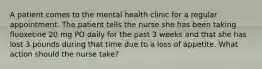 A patient comes to the mental health clinic for a regular appointment. The patient tells the nurse she has been taking fluoxetine 20 mg PO daily for the past 3 weeks and that she has lost 3 pounds during that time due to a loss of appetite. What action should the nurse take?