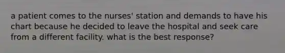 a patient comes to the nurses' station and demands to have his chart because he decided to leave the hospital and seek care from a different facility. what is the best response?