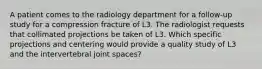 A patient comes to the radiology department for a follow-up study for a compression fracture of L3. The radiologist requests that collimated projections be taken of L3. Which specific projections and centering would provide a quality study of L3 and the intervertebral joint spaces?