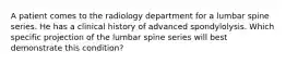 A patient comes to the radiology department for a lumbar spine series. He has a clinical history of advanced spondylolysis. Which specific projection of the lumbar spine series will best demonstrate this condition?