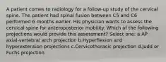 A patient comes to radiology for a follow-up study of the cervical spine. The patient had spinal fusion between C5 and C6 performed 6 months earlier. His physician wants to assess the cervical spine for anteroposterior mobility. Which of the following projections would provide this assessment? Select one: a.AP axial-vertebral arch projection b.Hyperflexion and hyperextension projections c.Cervicothoracic projection d.Judd or Fuchs projection