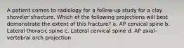 A patient comes to radiology for a follow-up study for a clay shoveler'sfracture. Which of the following projections will best demonstrate the extent of this fracture? a. AP cervical spine b. Lateral thoracic spine c. Lateral cervical spine d. AP axial-vertebral arch projection