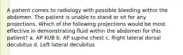 A patient comes to radiology with possible bleeding within the abdomen. The patient is unable to stand or sit for any projections. Which of the following projections would be most effective in demonstrating fluid within the abdomen for this patient? a. AP KUB b. AP supine chest c. Right lateral dorsal decubitus d. Left lateral decubitus