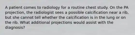 A patient comes to radiology for a routine chest study. On the PA projection, the radiologist sees a possible calcification near a rib, but she cannot tell whether the calcification is in the lung or on the rib. What additional projections would assist with the diagnosis?