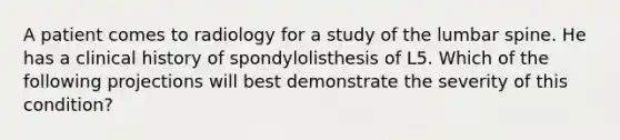 A patient comes to radiology for a study of the lumbar spine. He has a clinical history of spondylolisthesis of L5. Which of the following projections will best demonstrate the severity of this condition?