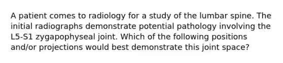 A patient comes to radiology for a study of the lumbar spine. The initial radiographs demonstrate potential pathology involving the L5-S1 zygapophyseal joint. Which of the following positions and/or projections would best demonstrate this joint space?