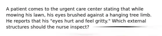 A patient comes to the urgent care center stating that while mowing his lawn, his eyes brushed against a hanging tree limb. He reports that his "eyes hurt and feel gritty." Which external structures should the nurse inspect?