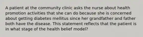 A patient at the community clinic asks the nurse about health promotion activities that she can do because she is concerned about getting diabetes mellitus since her grandfather and father both have the disease. This statement reflects that the patient is in what stage of the health belief model?