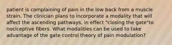 patient is complaining of pain in the low back from a muscle strain. The clinician plans to incorporate a modality that will affect the ascending pathways, in effect "closing the gate"to nociceptive fibers. What modalities can be used to take advantage of the gate control theory of pain modulation?