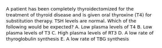 A patient has been completely thyroidectomized for the treatment of thyroid disease and is given oral thyroxine (T4) for substitution therapy. TSH levels are normal. Which of the following would be expected? A. Low plasma levels of T4 B. Low plasma levels of T3 C. High plasma levels of RT3 D. A low rate of thyroglobulin synthesis E. A low rate of TBG synthesis