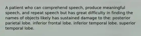 A patient who can comprehend speech, produce meaningful speech, and repeat speech but has great difficulty in finding the names of objects likely has sustained damage to the: posterior parietal lobe. inferior frontal lobe. inferior temporal lobe. superior temporal lobe.