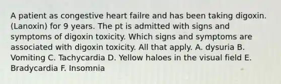 A patient as congestive heart failre and has been taking digoxin. (Lanoxin) for 9 years. The pt is admitted with signs and symptoms of digoxin toxicity. Which signs and symptoms are associated with digoxin toxicity. All that apply. A. dysuria B. Vomiting C. Tachycardia D. Yellow haloes in the visual field E. Bradycardia F. Insomnia