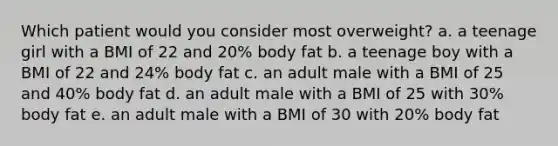 Which patient would you consider most overweight? a. a teenage girl with a BMI of 22 and 20% body fat b. a teenage boy with a BMI of 22 and 24% body fat c. an adult male with a BMI of 25 and 40% body fat d. an adult male with a BMI of 25 with 30% body fat e. an adult male with a BMI of 30 with 20% body fat