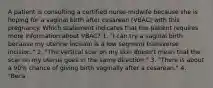 A patient is consulting a certified nurse-midwife because she is hoping for a vaginal birth after cesarean (VBAC) with this pregnancy. Which statement indicates that the patient requires more information about VBAC? 1. "I can try a vaginal birth because my uterine incision is a low segment transverse incision." 2. "The vertical scar on my skin doesn't mean that the scar on my uterus goes in the same direction." 3. "There is about a 90% chance of giving birth vaginally after a cesarean." 4. "Beca