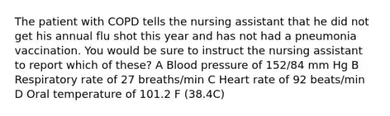 The patient with COPD tells the nursing assistant that he did not get his annual flu shot this year and has not had a pneumonia vaccination. You would be sure to instruct the nursing assistant to report which of these? A Blood pressure of 152/84 mm Hg B Respiratory rate of 27 breaths/min C Heart rate of 92 beats/min D Oral temperature of 101.2 F (38.4C)