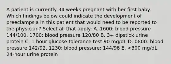 A patient is currently 34 weeks pregnant with her first baby. Which findings below could indicate the development of preeclampsia in this patient that would need to be reported to the physician? Select all that apply: A. 1600: blood pressure 144/100, 1700: blood pressure 120/80 B. 3+ dipstick urine protein C. 1 hour glucose tolerance test 90 mg/dL D. 0800: blood pressure 142/92, 1230: blood pressure: 144/98 E. <300 mg/dL 24-hour urine protein