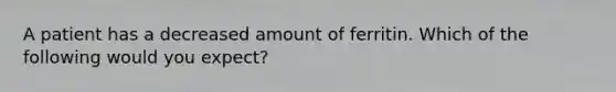 A patient has a decreased amount of ferritin. Which of the following would you expect?