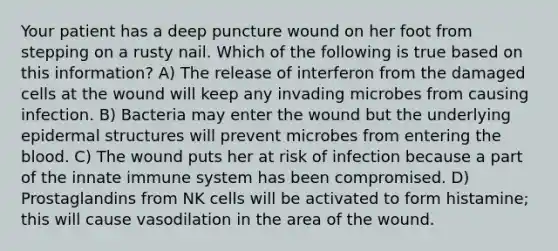 Your patient has a deep puncture wound on her foot from stepping on a rusty nail. Which of the following is true based on this information? A) The release of interferon from the damaged cells at the wound will keep any invading microbes from causing infection. B) Bacteria may enter the wound but the underlying epidermal structures will prevent microbes from entering <a href='https://www.questionai.com/knowledge/k7oXMfj7lk-the-blood' class='anchor-knowledge'>the blood</a>. C) The wound puts her at risk of infection because a part of the innate immune system has been compromised. D) Prostaglandins from NK cells will be activated to form histamine; this will cause vasodilation in the area of the wound.