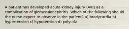 A patient has developed acute kidney injury (AKI) as a complication of glomerulonephritis. Which of the following should the nurse expect to observe in the patient? a) bradycardia b) hypertension c) hypotension d) polyuria